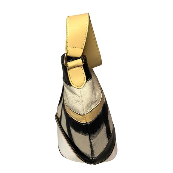 Liz Claiborne Large Shoulder Bag Black Beige Checks Tan - Leather Cotton READ - Picture 4 of 15